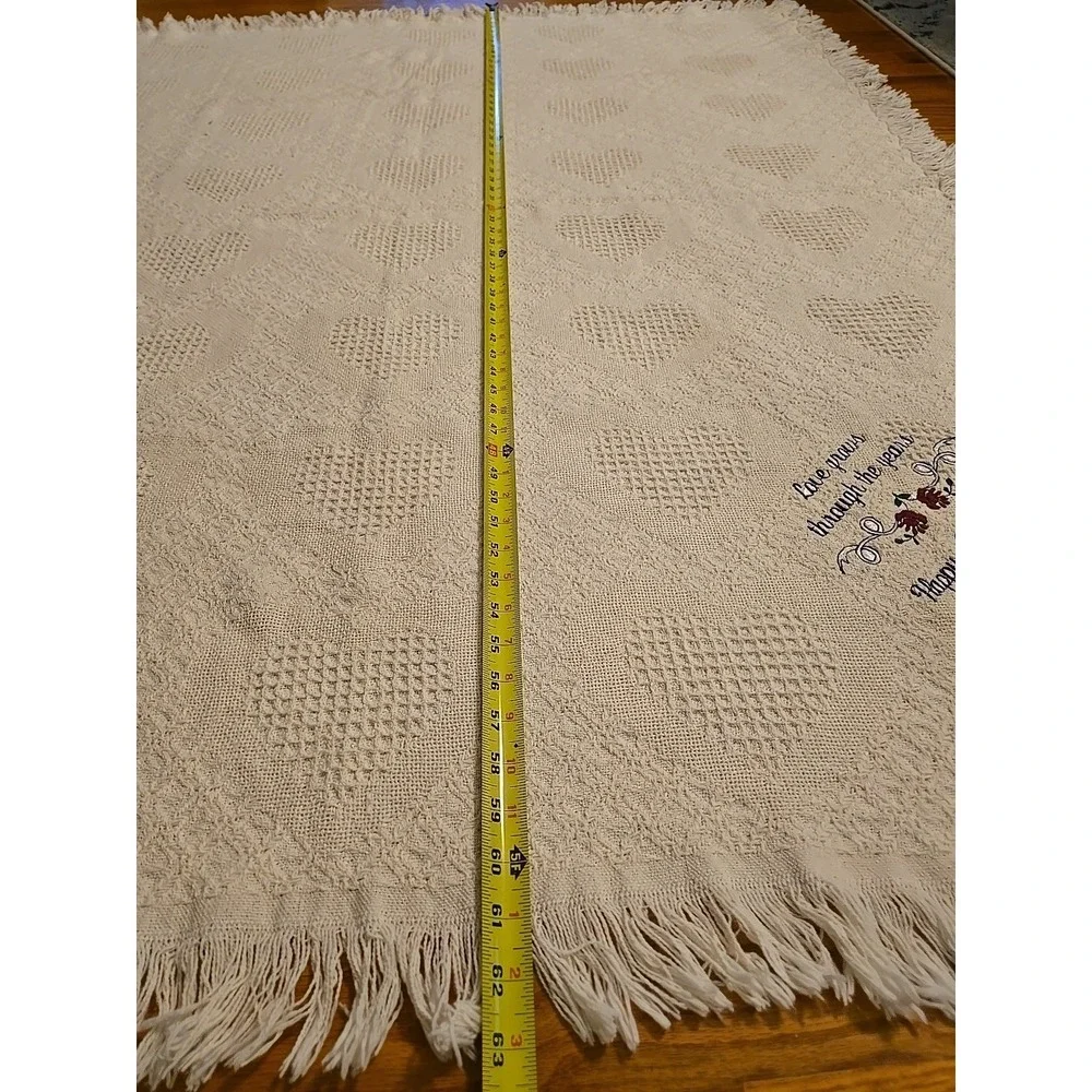 Vtg Heart Fringe Throw Blanket 62x51 Waffle Weave Lap Baby Decor White Anniversa